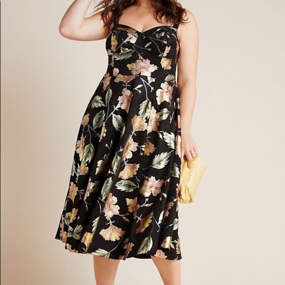 Anthropologie Black Floral Midi Dress